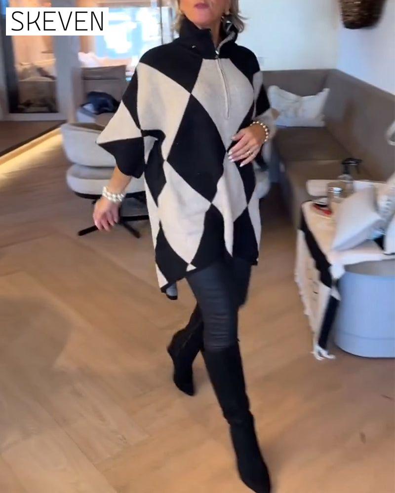 Stand-Up Collar Argyle Irregular Pullover