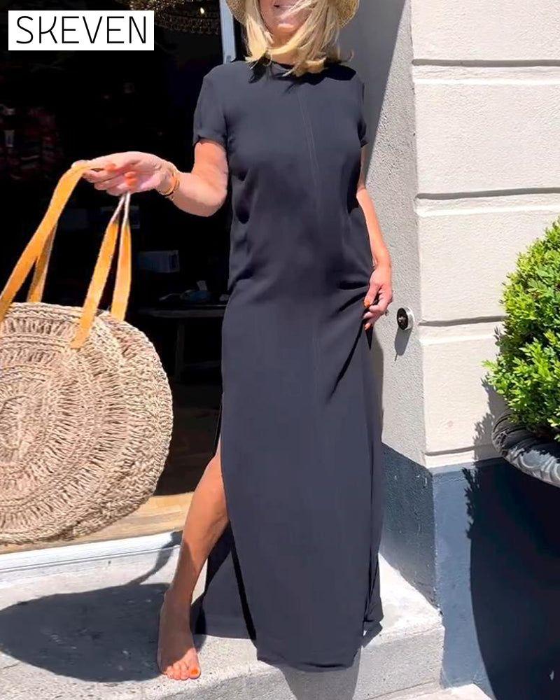 Solid color short sleeve elegant dress casual dresses summer