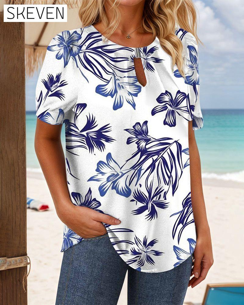 Crew Neck Floral Print Knitted T-Shirt