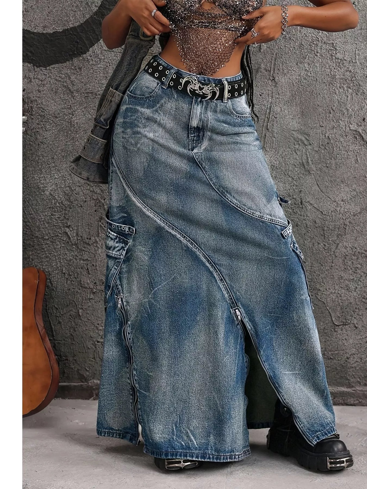 High-Waisted Denim Maxi Skirt with Zipper Slit