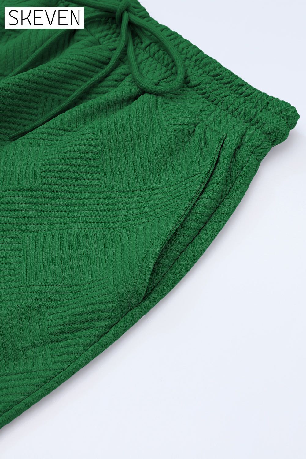 Dark Green Textured Loose Fit T Shirt and Drawstring Pants Set 2 pieces Best Sellers clothes EDM Homewear EDM Monthly Recomend Fabric Ribbed lounge wear Occasion Home pants set Print Solid Color Season Summer sets Silhouette Wide Leg Style Casual
