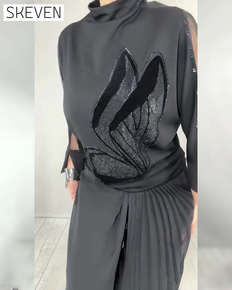 Solid Color Rhinestone Turtleneck Top