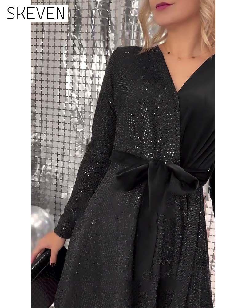 Sexy Wrap Chest Sequined Velvet Lace-Up Dress
