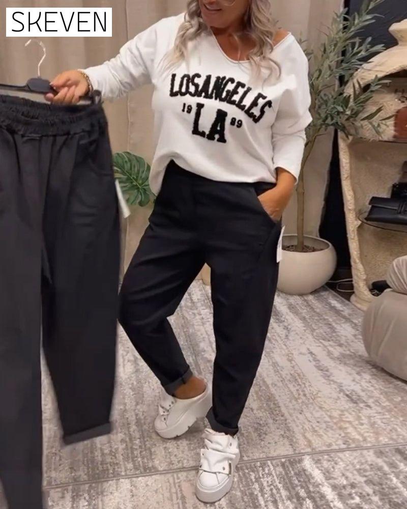 Lässiges Sweatshirt mit Buchstabenprint und V-Ausschnitt