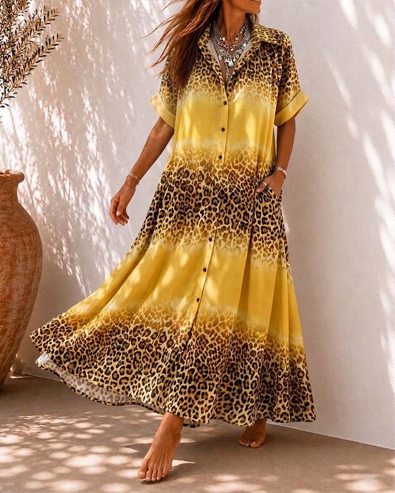 Lapel Leopard Print Gradient Shirt Dress