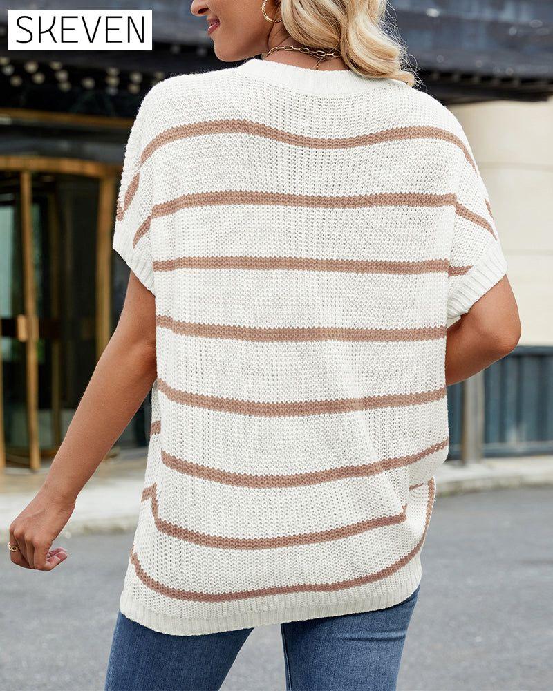 Striped Drop Shoulder Short Sleeve Sweater