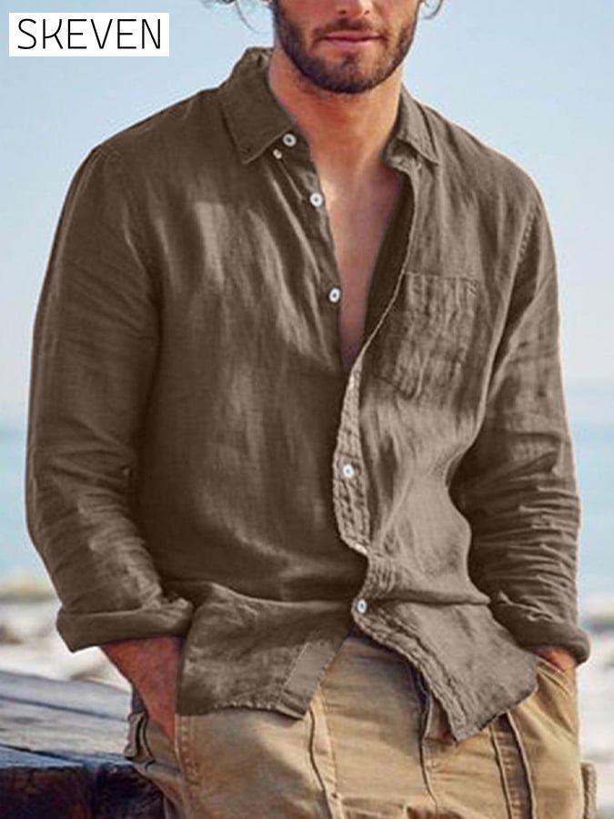 Solid Cotton Linen Casual Lapel Shirt men s linens