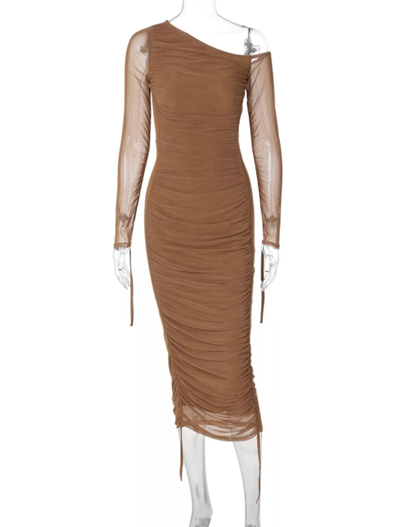 Einseitig schulterfreies, gerafftes, figurbetontes Midikleid