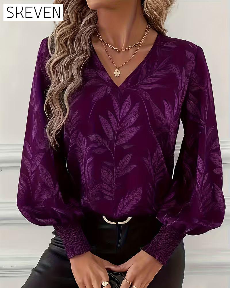 Bluse mit Blattmuster, V-Ausschnitt und langen Ärmeln