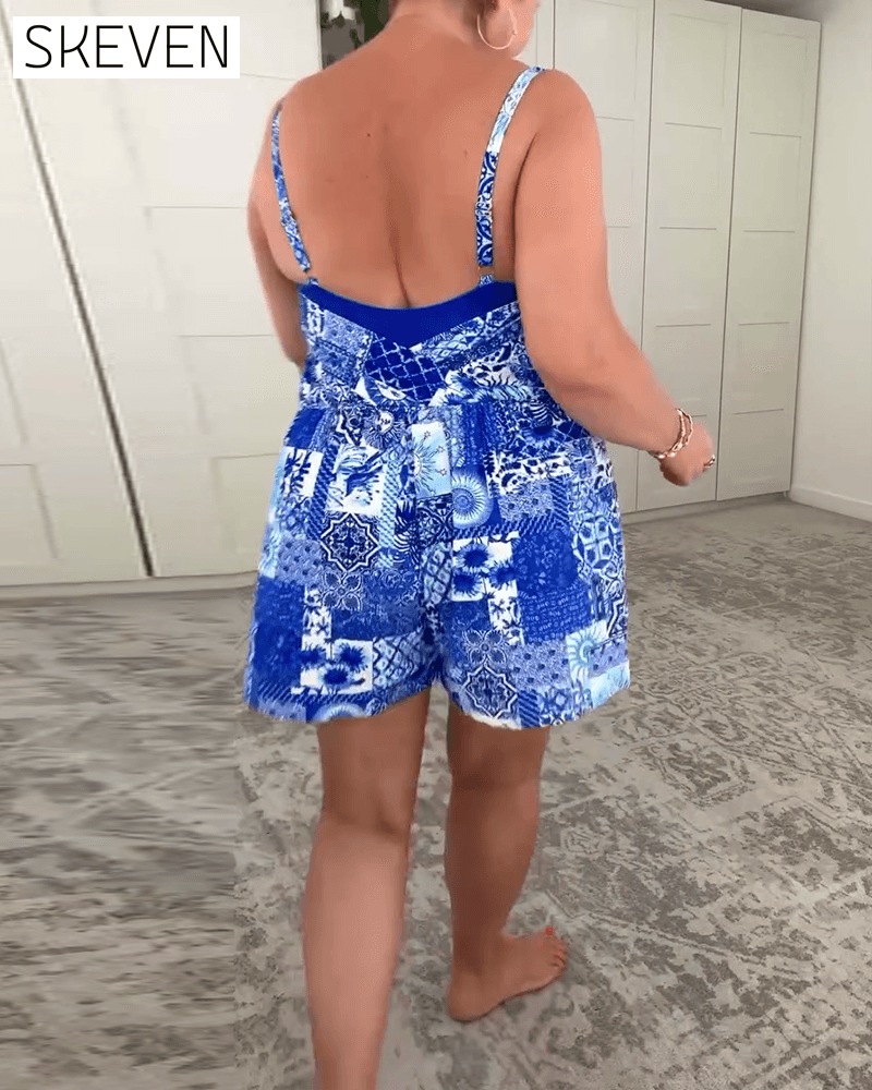 Maillot de bain une pièce imprimé à col en V, style conservateur