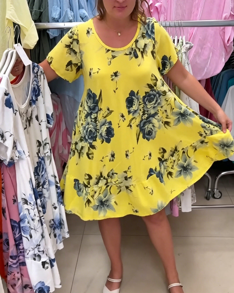 Crew Neck Floral A-Line Dress