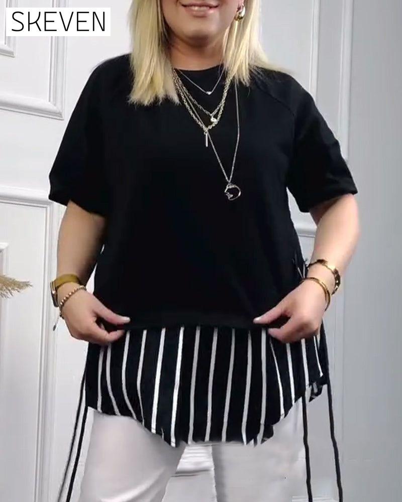Casual striped print patchwork short-sleeve top 202466 blouses & shirts summer