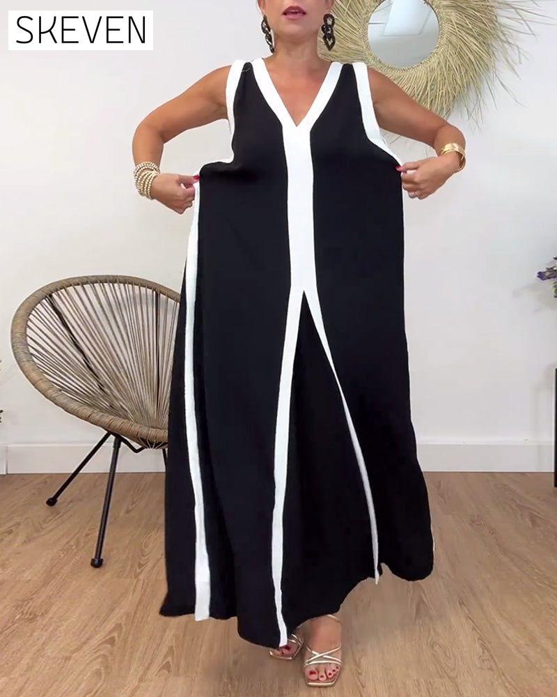Fashionable contrasting print V-neck sleeveless dress