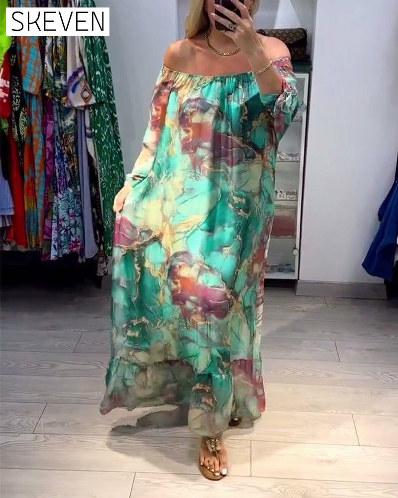 Einseitig schulterfreies Kleid mit Tintenmuster