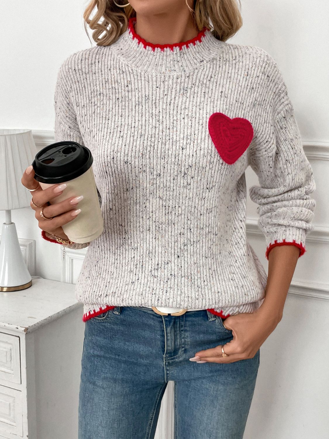 Blue Zone Planet |  Perfee Contrast Heart Round Neck Long Sleeve Sweater