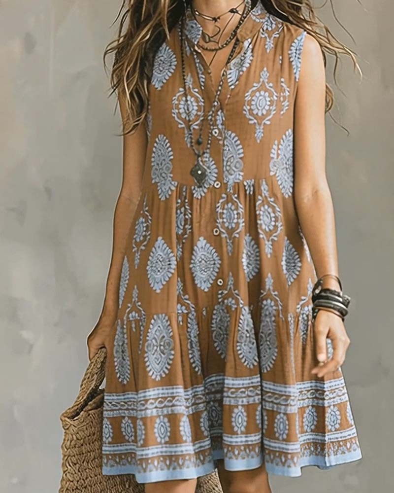 Boho Pattern Sleeveless Short Stand Collar Dress