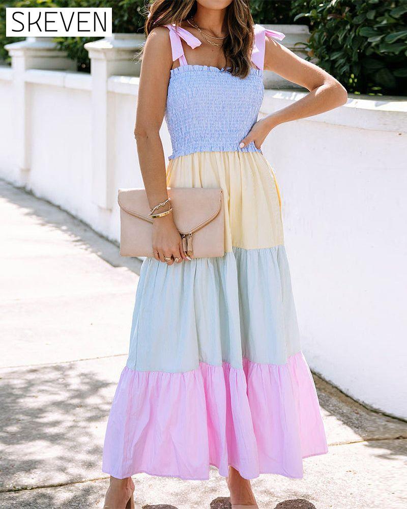 Contrast color patchwork suspender dress