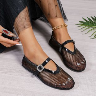 Round Head Rhinestone Buckle Mesh Hollow Out Mary Jane Women's Shoes