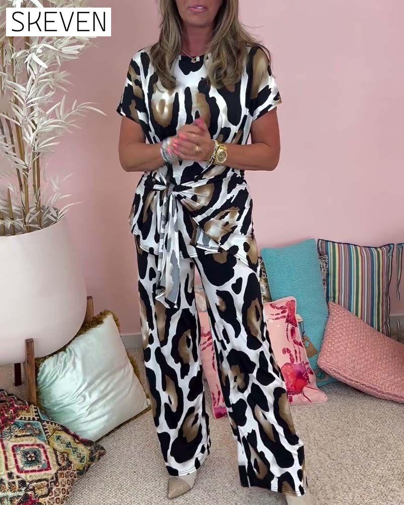 Leopard print lace-up casual two-piece set