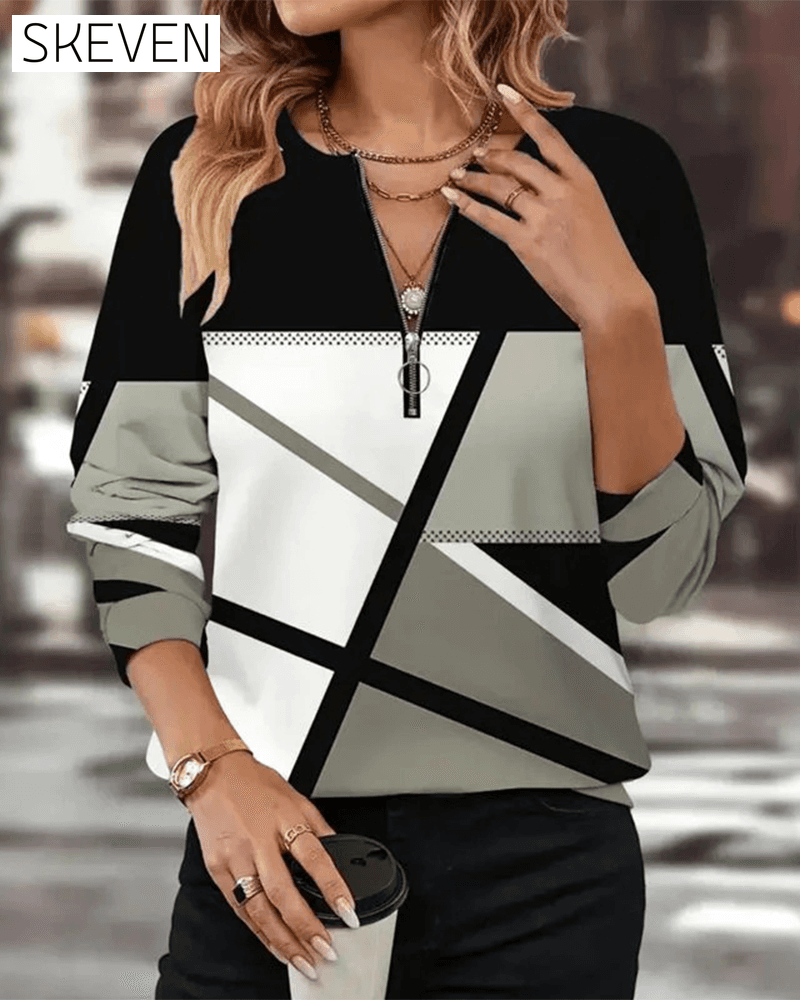 Zippered Geometric Pattern T-Shirt