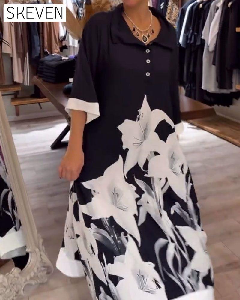 Lapel Printed Oversized Maxi Dress