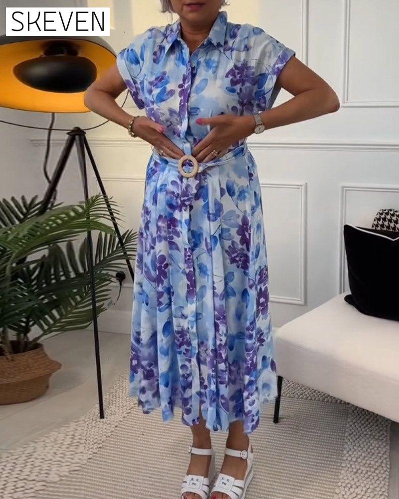 Elegant floral print lapel waist pleated dress 202466 casual dresses summer