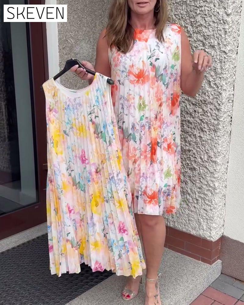 Sleeveless Pleated Floral Dress