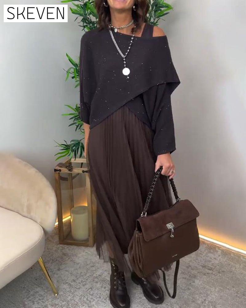 Elegant Asymmetric Sweater & Lace Skirt Set