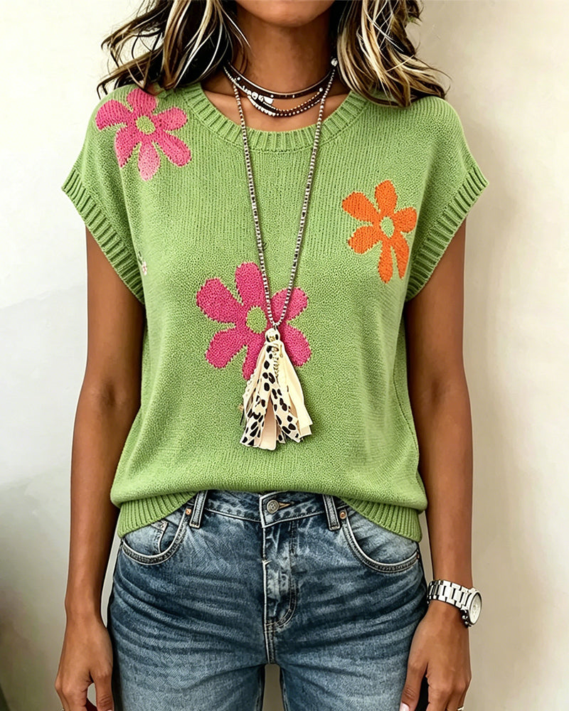 Crewneck Floral Pattern Knit Pullover