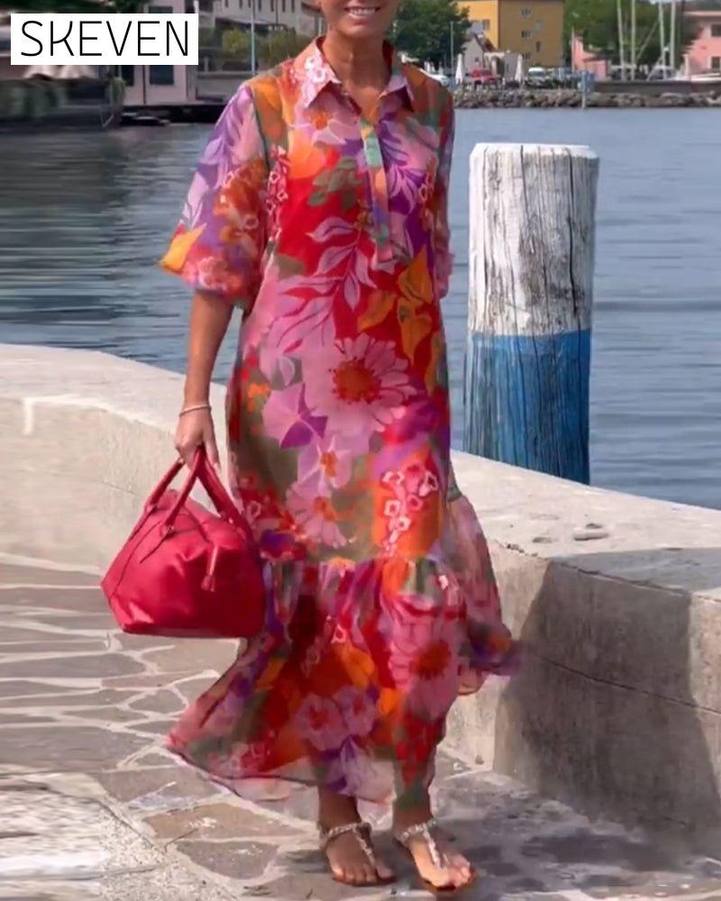 Colorful Printed Lantern Sleeve Loose Dress
