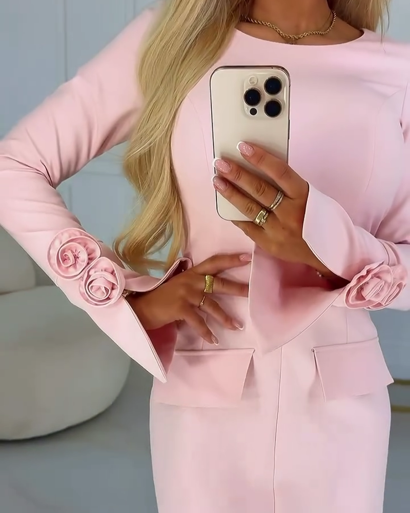 Elegant 3D Rose Waisted Dress
