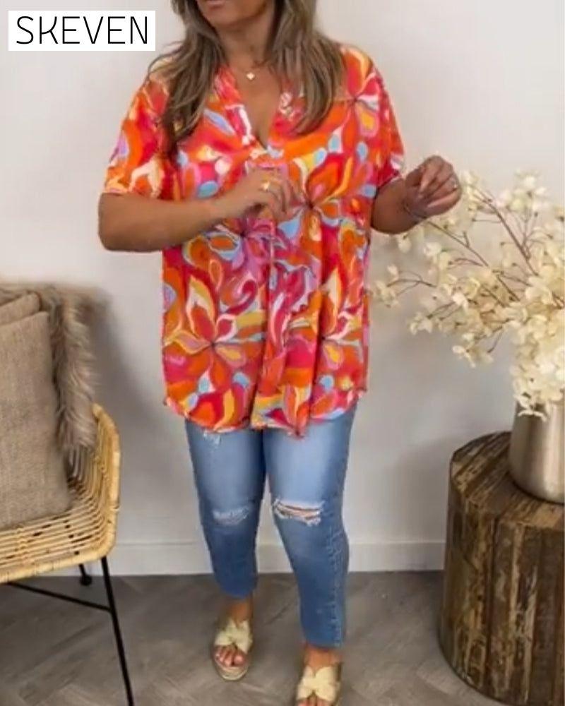 V-neck colorful short-sleeved T-shirt