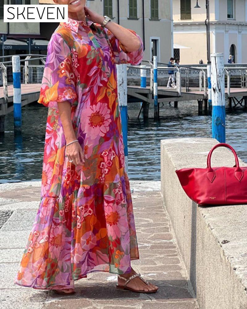 Colorful Printed Lantern Sleeve Loose Dress