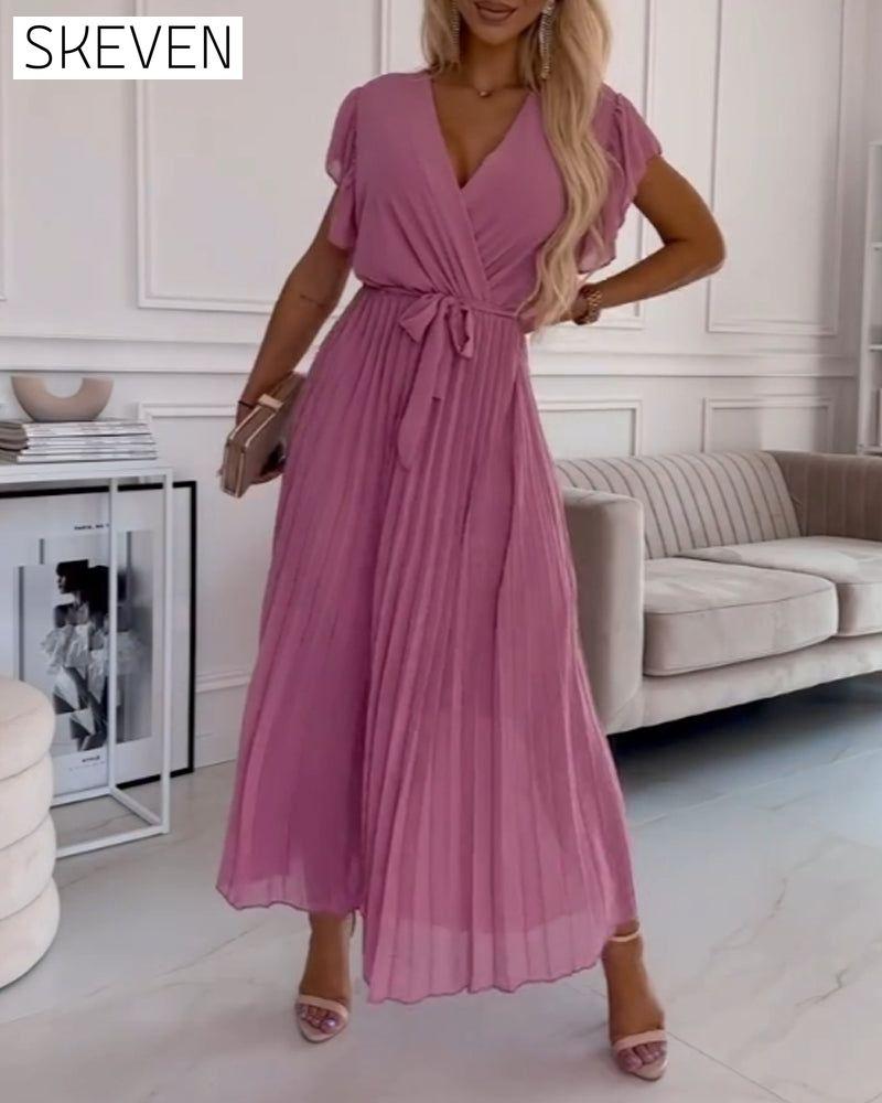 Solid color ruffled sleeves V-neck elegant dress casual dresses summer
