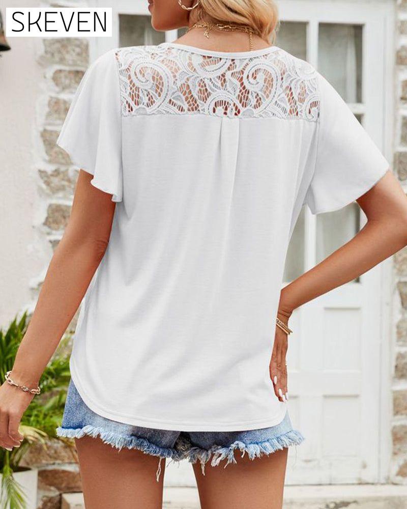 Mesh lace stitching solid color short-sleeved top