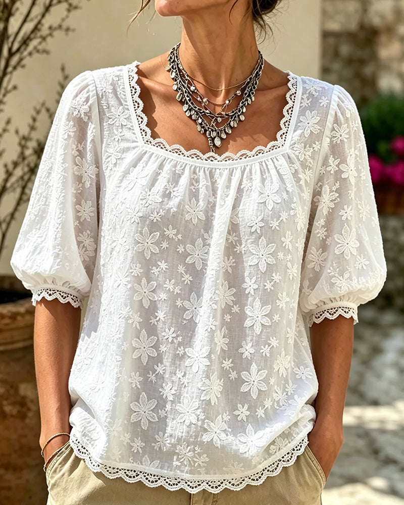 Square Neck Puff Sleeve Jacquard Blouse