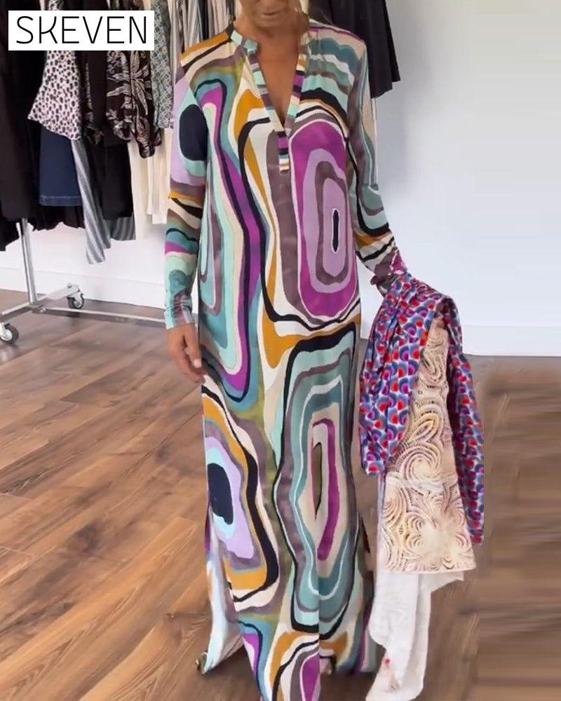 Deep V printed long hem dress