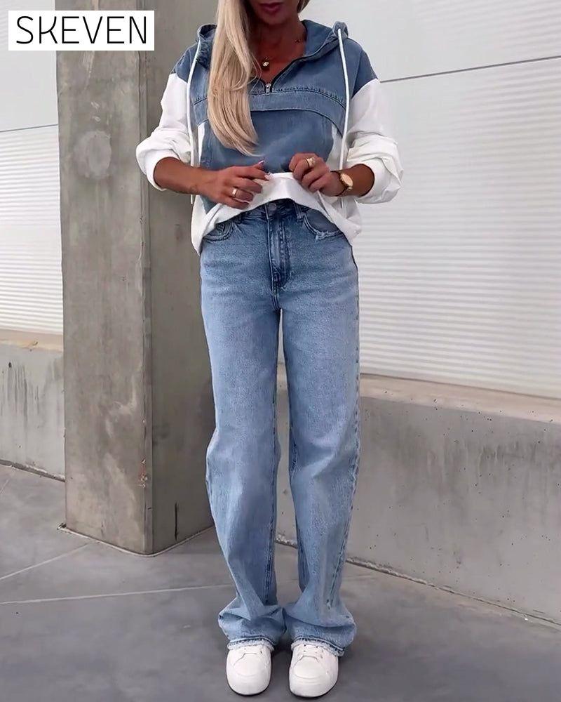Casual denim patchwork zipper hoodie