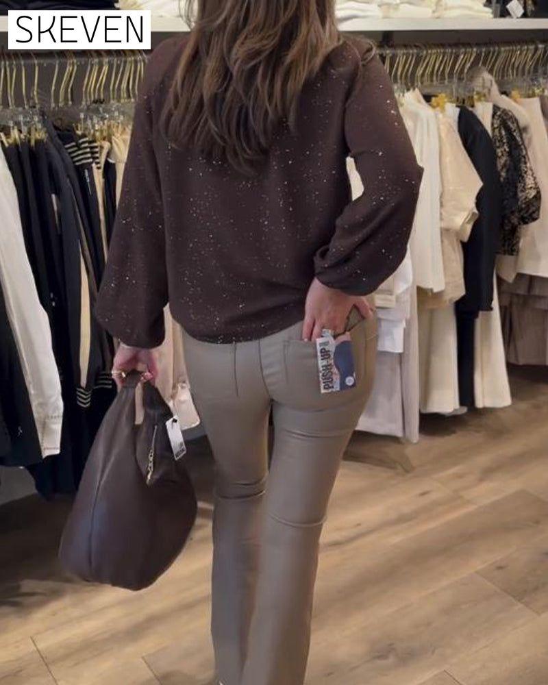 Ribbon Puff-Sleeve Shimmer Elegant Blouse