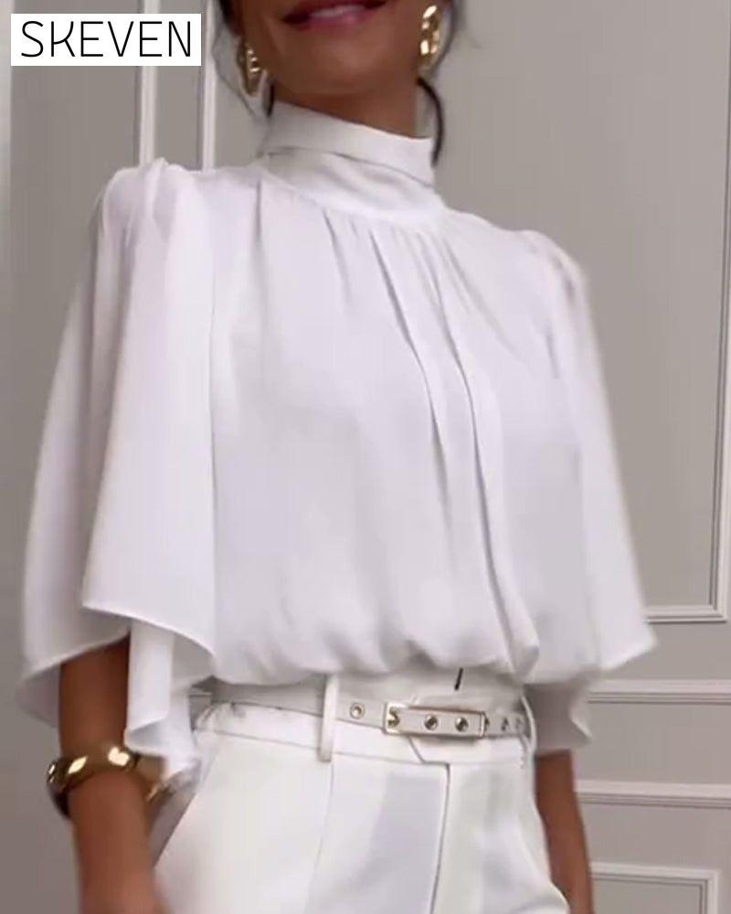 Solid color high collar  butterfly sleeve blouse