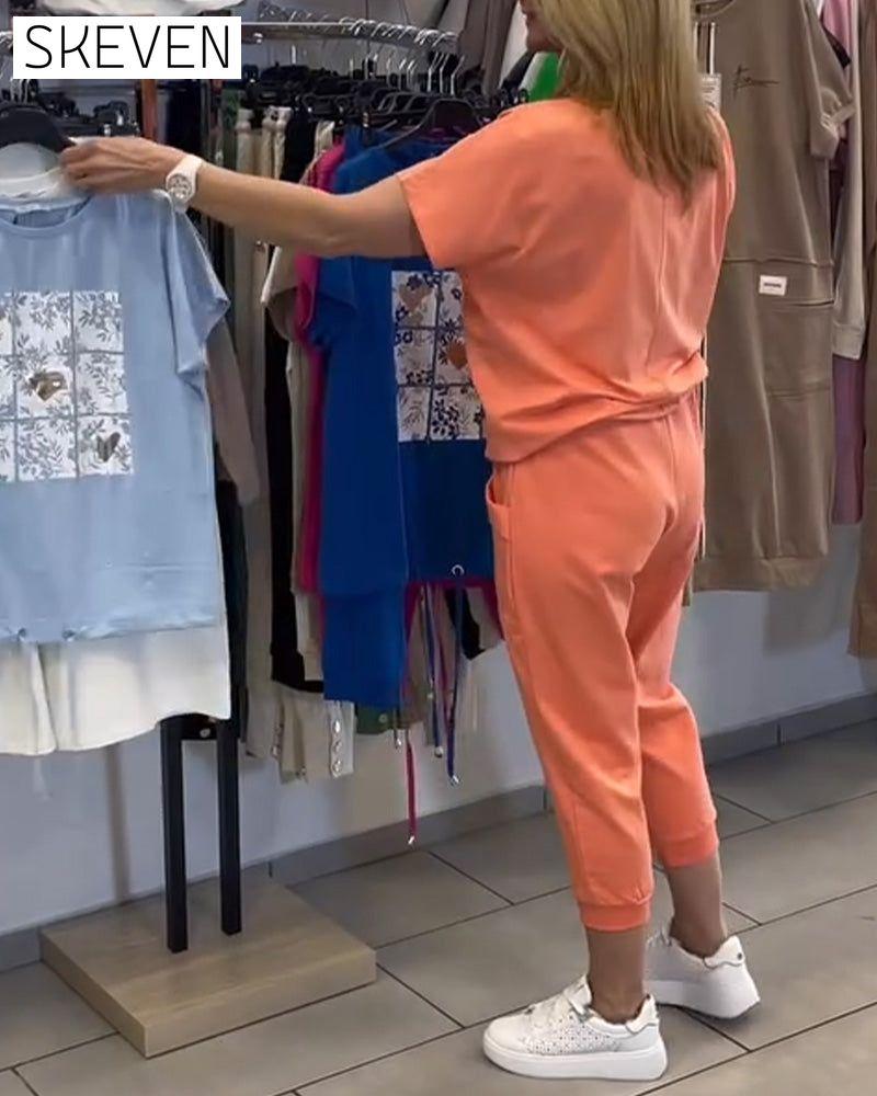 Lässiges bedrucktes Cropped-Hosen-Set
