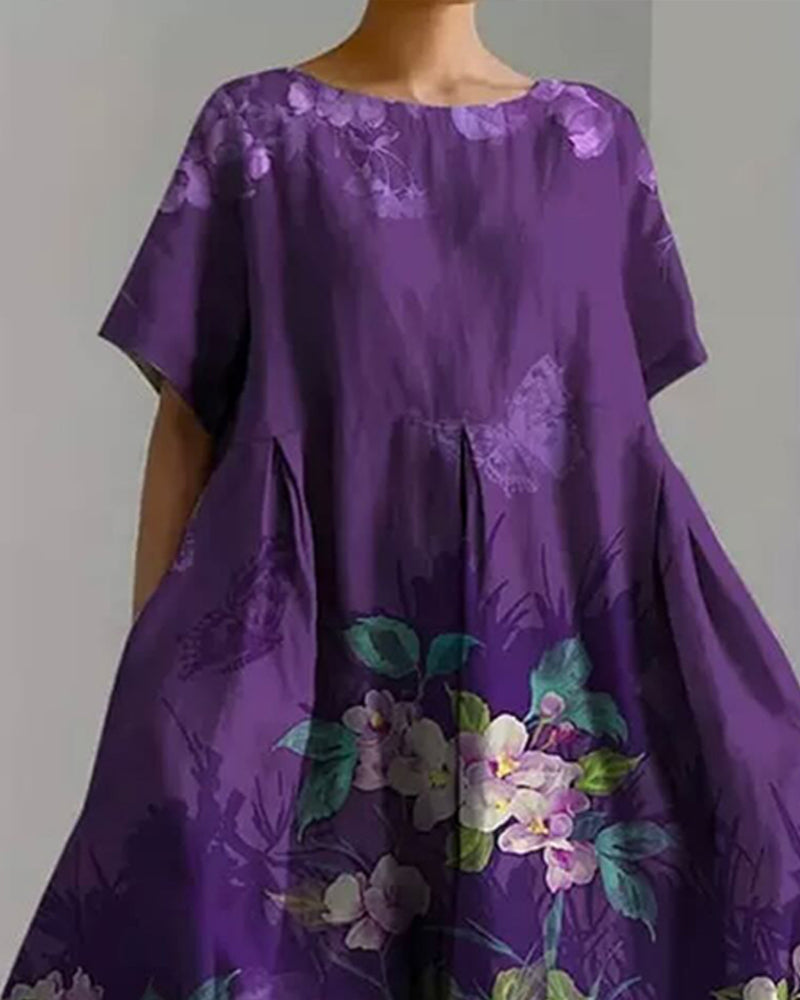 Crew Neck Purple Floral Dress