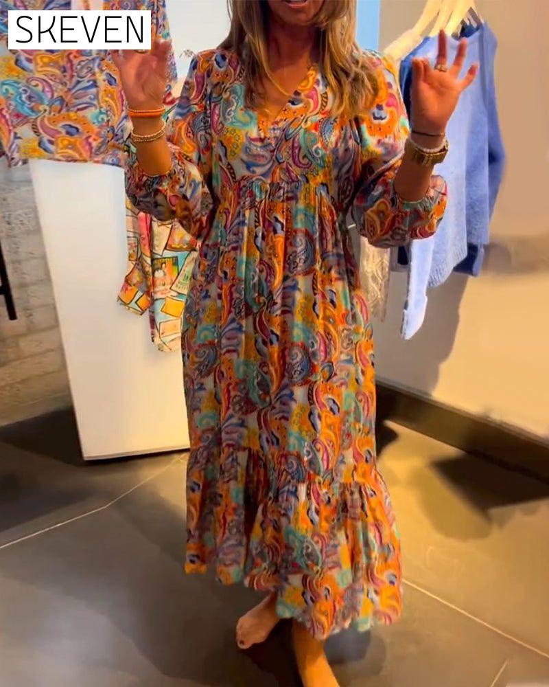 Maxikleid mit Print, V-Ausschnitt und A-Linien-Form
