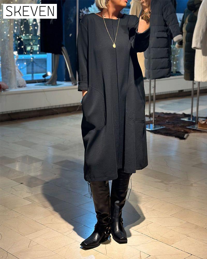 Lässiges, einfarbiges, locker sitzendes Kleid mit Rundhalsausschnitt und Tasche