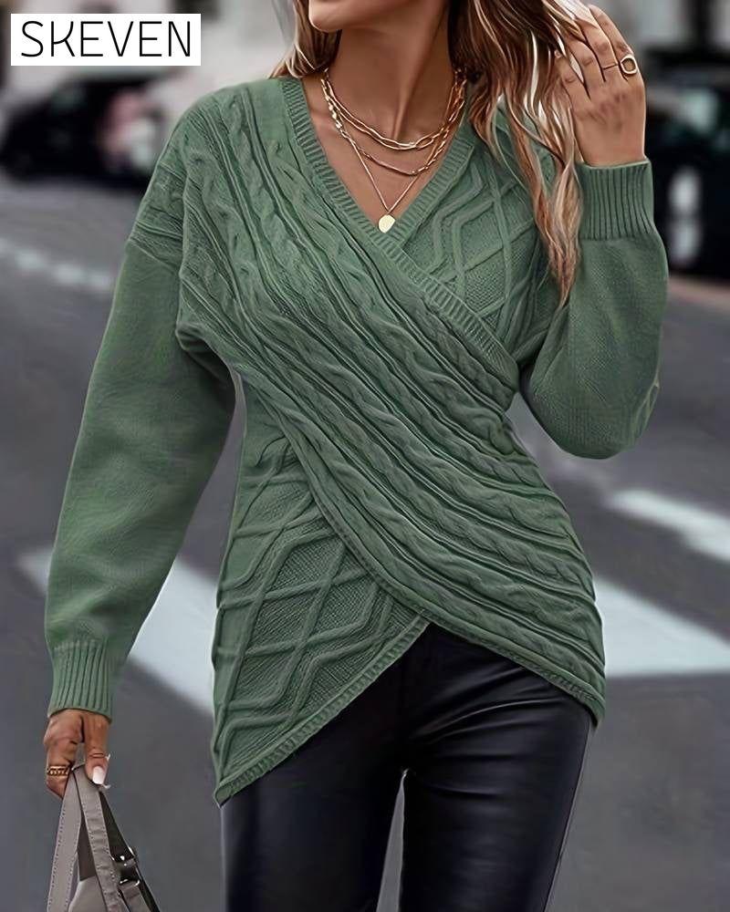 Solid Color Pullovers with V-Neck and Long-Sleeved