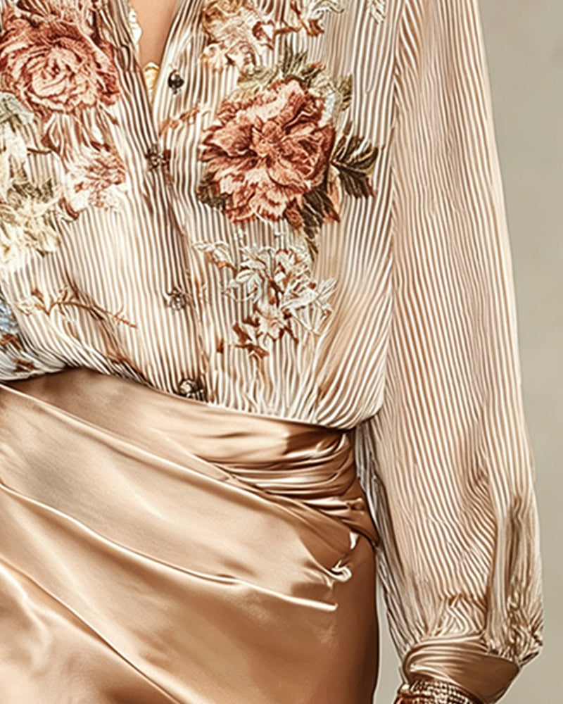 Lapel Floral Stripe Blouse
