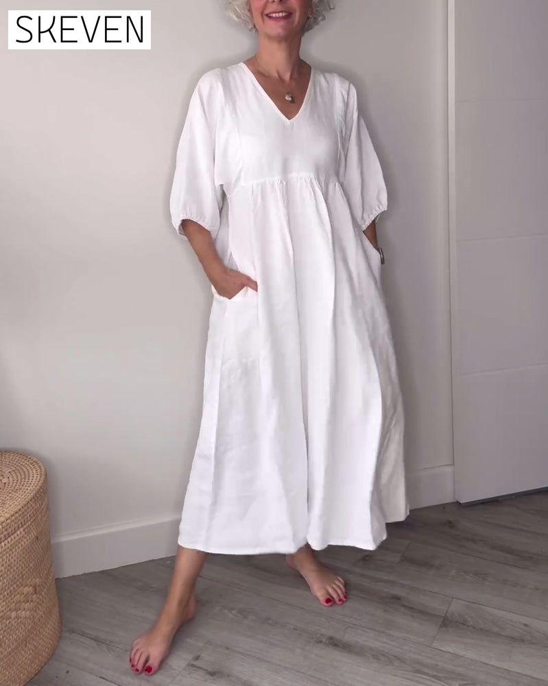 Casual solid color V-neck lantern sleeve dress casual dresses cotton and linen spring summer