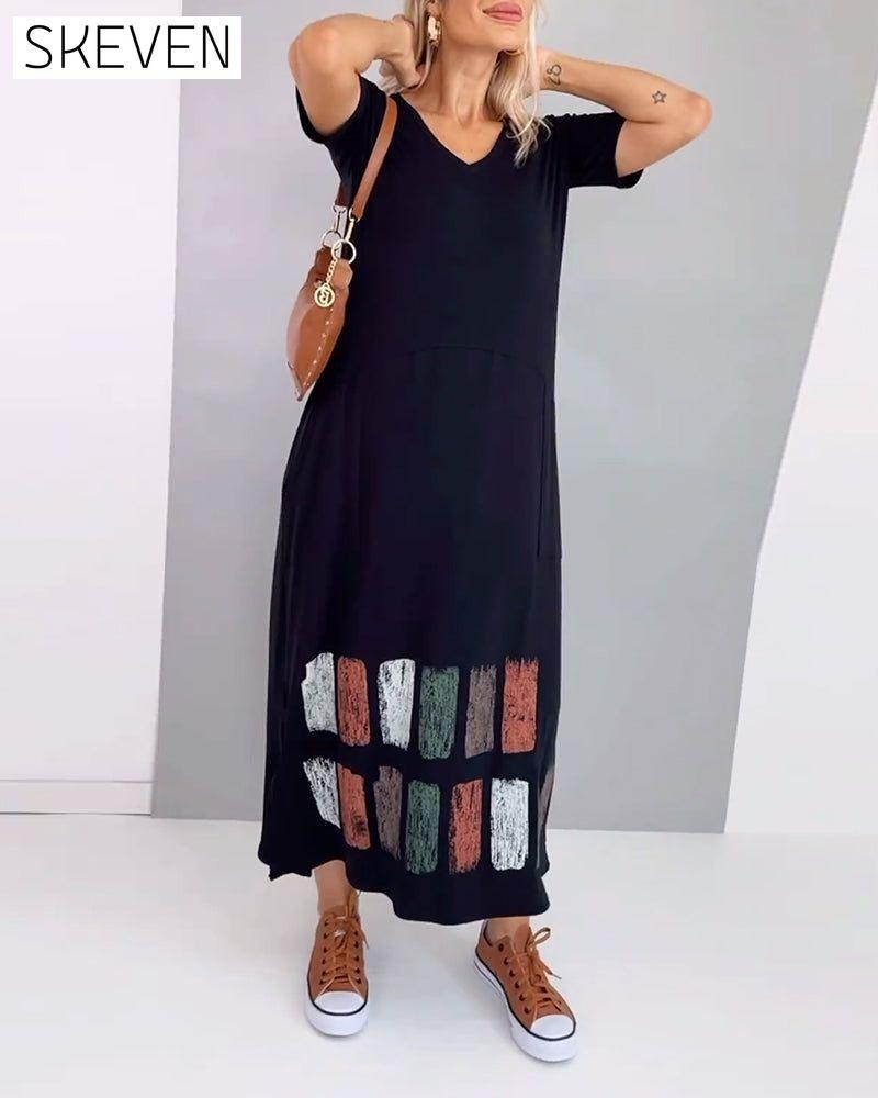 V-Neck Printed Slit Casual Short-Sleeved Dress