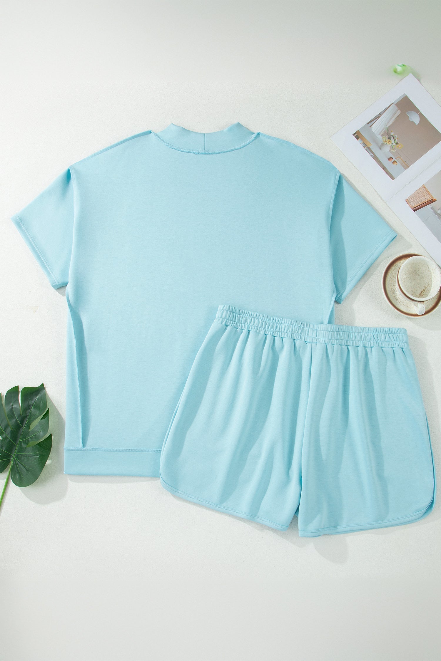 Solid Mock Neck Short Sleeve Top & Short Set