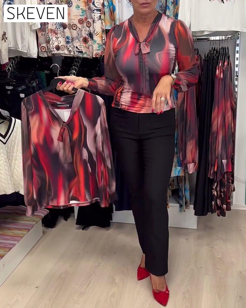 Elegant Long-Sleeved Printed Blouse